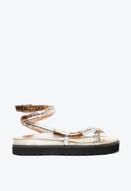 Sandália Flat Cobra Mix Couro Metalizada