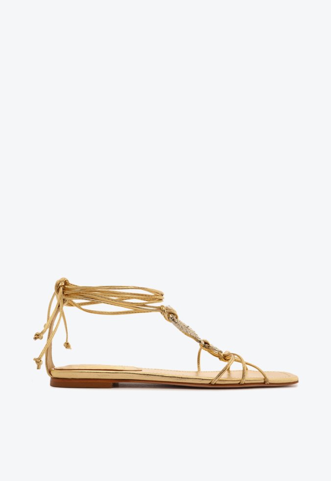 さと Sandália Rasteira Couro Snake Amarração Dourada | Schutz