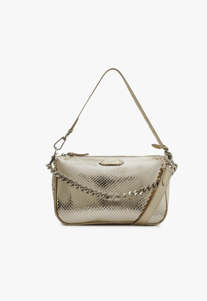 Bolsa Tiracolo Grande Emmy Couro Snake Dourada