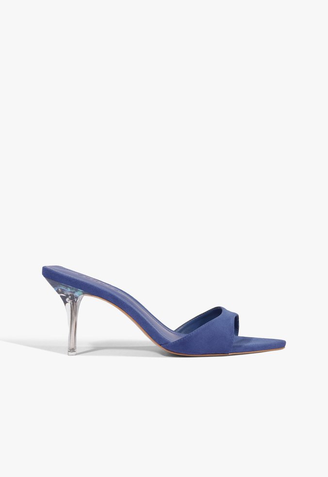 Sandália Salto Fino Bico Folha Couro Azul