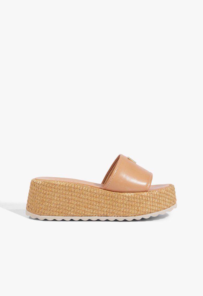 Sandália Flatform Palha Metais Couro Marrom Claro