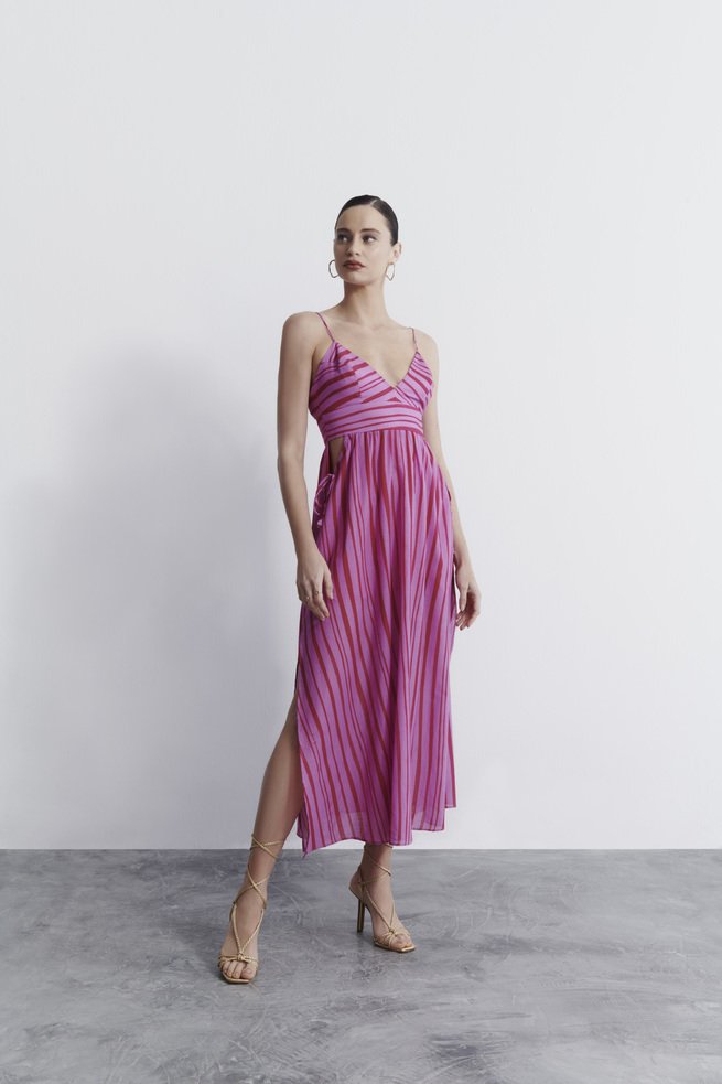 Vestido Midi Estela Listrado Rosa