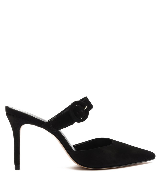 Sapato Mule Salto Fivela Nobuck Preto