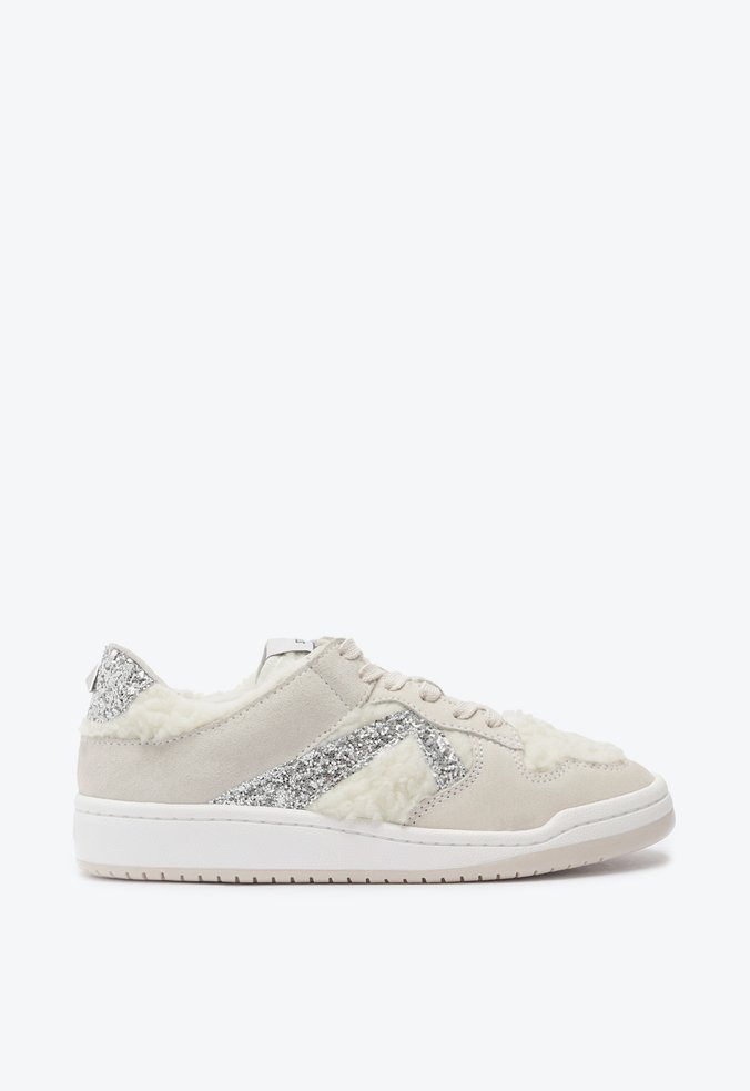 Tênis Camurça Couro Glitter Branco Bege