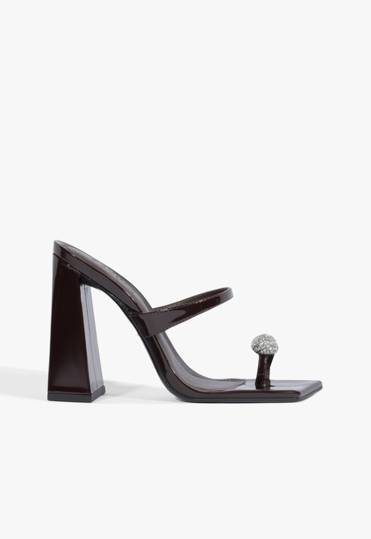 Sandália Mule Salto Alto Verniz Strass Couro Marrom | Schutz