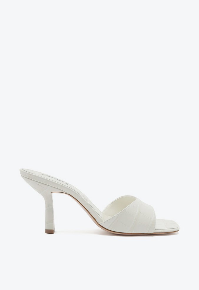 Sandália Mule Salto Fino Posseni Croco Branca