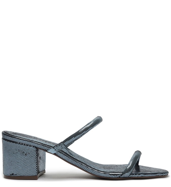 Sandália Mule Salto Bloco Metalizado Azul