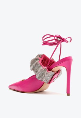Sapato Scarpin Tanisha Couro Brilho Amarração Rosa