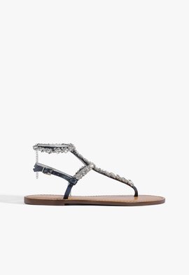 Sandália Rasteira Couro Pedraria Azul