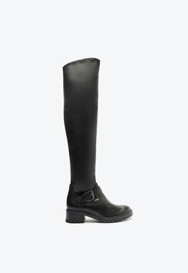 Bota Over The Knee Tratorada Couro Preta