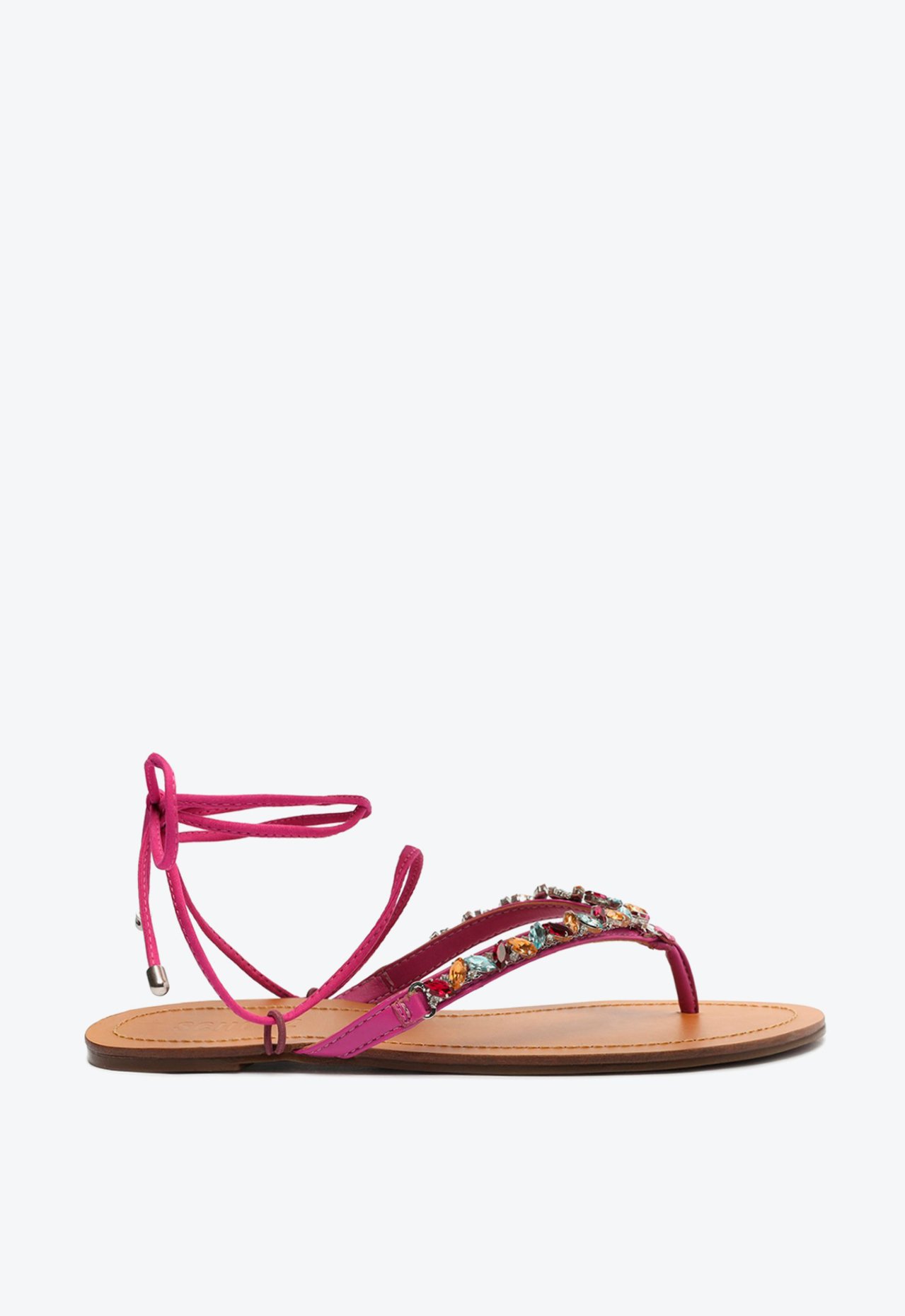 春麗 flk042121 Sandália Rasteira Flip-Flop Couro Pedraria Amarração Rosa | Schutz