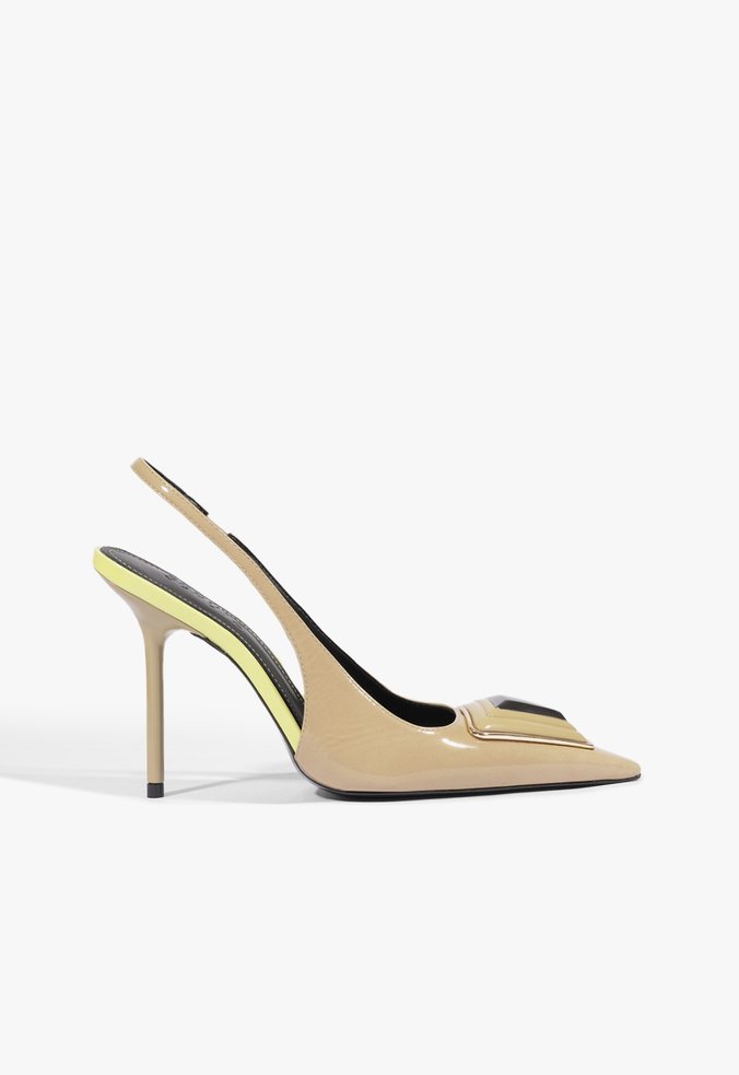 Scarpin Verde Couro-Verniz Slingback Salto Elástico Metais