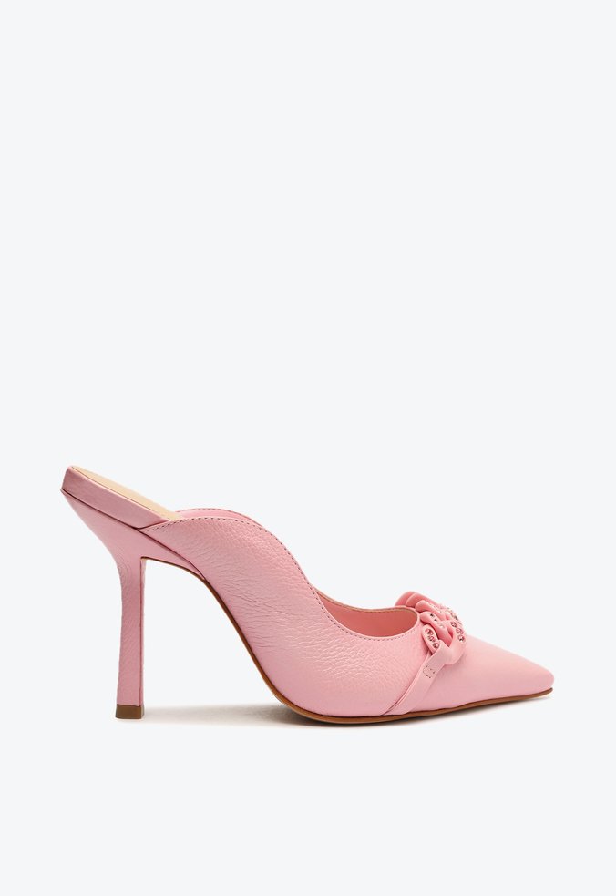Sapato Mule Scarpin Couro Enfeito Couro Rosa