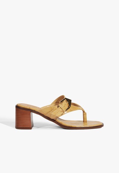 Sandália Mule Salto Bloco Scalea Couro Croco Marrom Clara