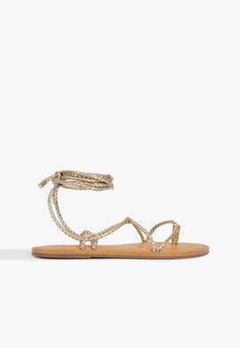 Sandália Rasteira Couro Amarração Dourada