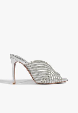 Sandália Mule Salto Fino Strass Prata