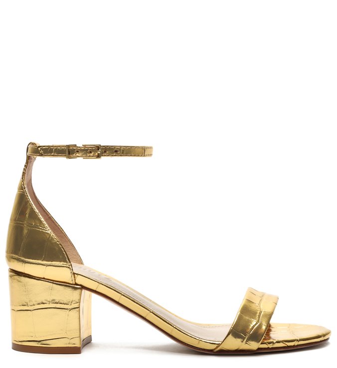 Sandália Minimal Block Heel Croco Dourada