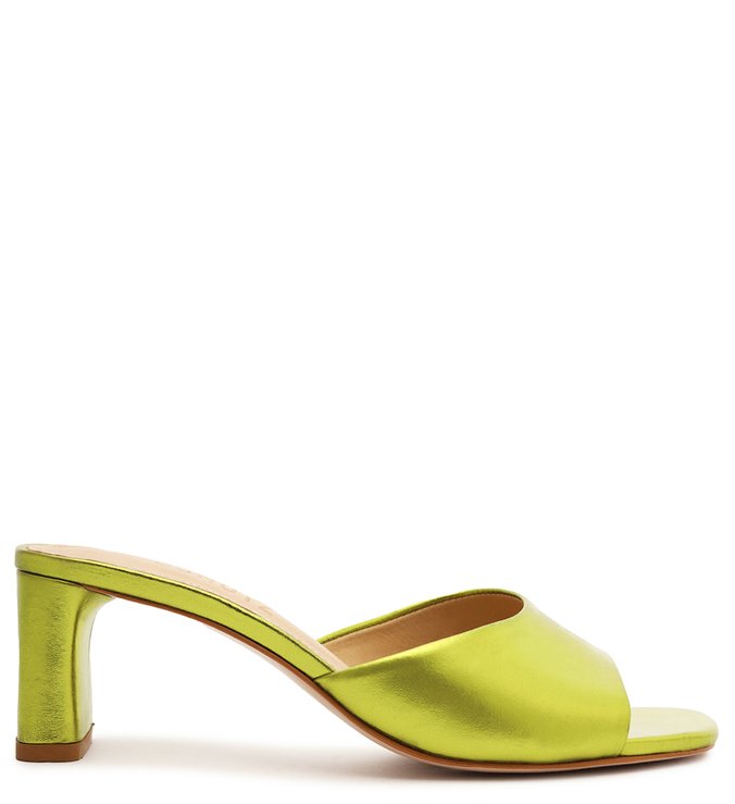 Sandália Mule Salto Baixo Couro Metalizada Verde
