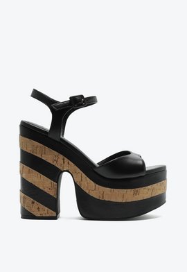 Sandália Salto Alto Plataforma Couro Cortiça Preta