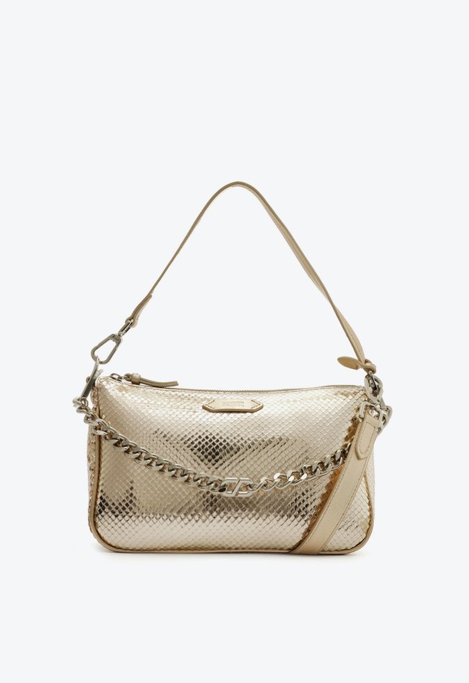 Bolsa Tiracolo Grande Emmy Couro Snake Dourada
