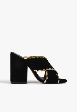 Sandália Mule Camurça Salto Bloco Alto Preta