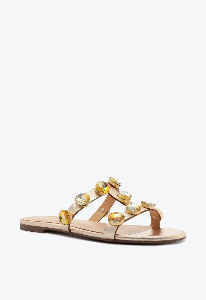 Sandália Rasteira Slide Metalizada Dourado Pedraria Sandália Rasteira Slide Metalizada Dourado Pedraria