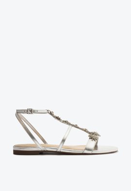 Sandália Rasteira Couro Flores Prata