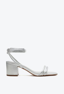 Sandália Salto Bloco Médio Couro Prateada
