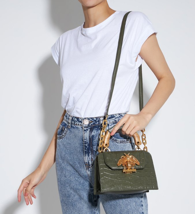 Bolsa Tiracolo Pequena Believe Croco Verde-Militar Bolsa Tiracolo Pequena Believe Croco Verde-Militar