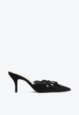 Sapato Mule Salto Alto Hilly Camurça Preto