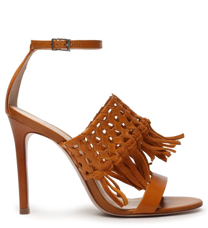 Sandália Salto Fino Franjas Marrom