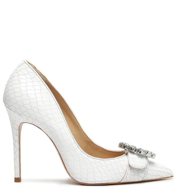 Sapato Scarpin Snake Verniz Fivela Branco