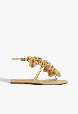 Sandália Rasteira Ráfia Couro Bege