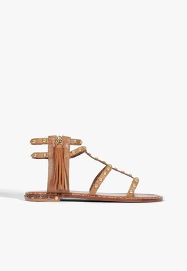 Sandália Rasteira Kanya Gladiadora Couro Tachas Marrom