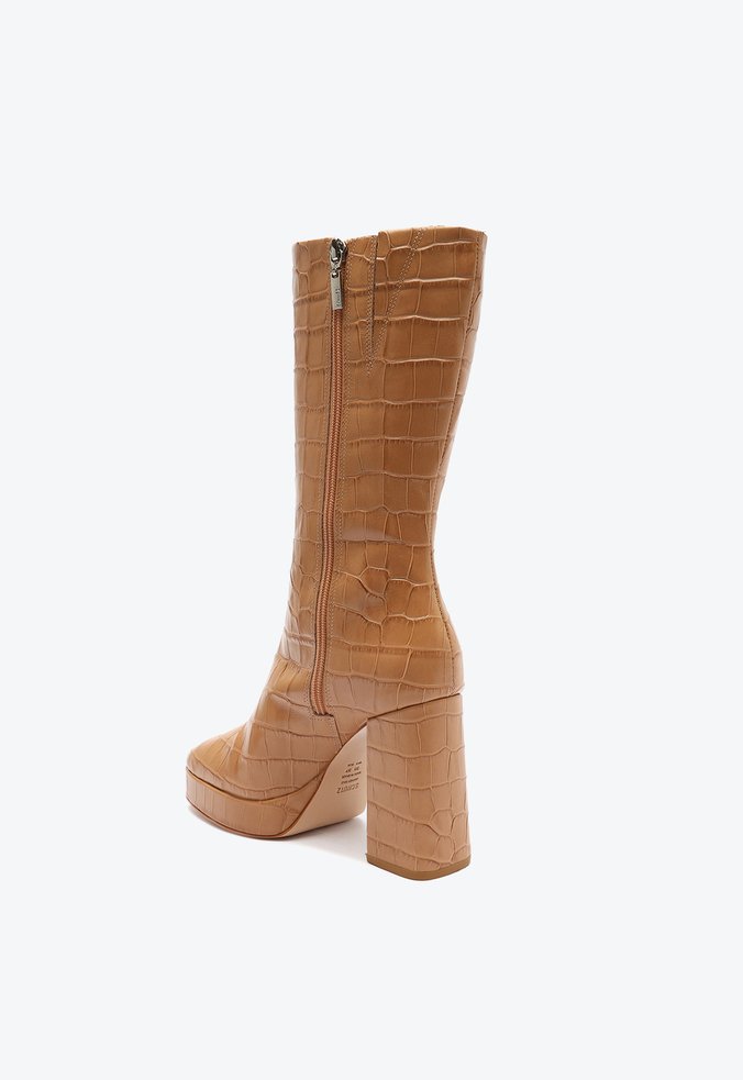 Bota Plataforma Raff Salto Bloco Couro Croco Bege Bota Plataforma Raff Salto Bloco Couro Croco Bege