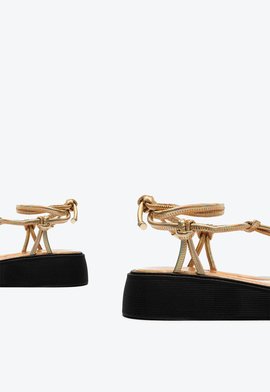 Sandália Papete Flatform Tiras Amarração Dourada