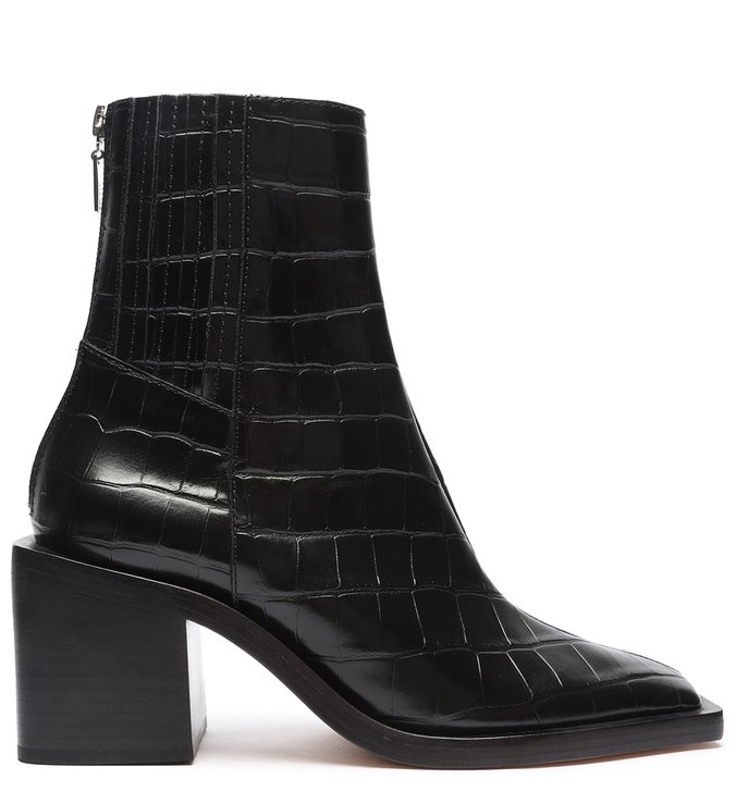 Bota Salto Bloco Bico Quadrado Croco Preta