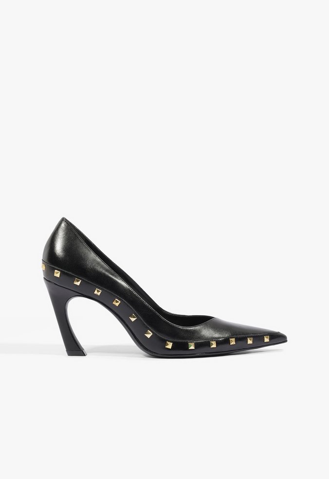 Scarpin Lexi Studs Salto Alto Couro Preto