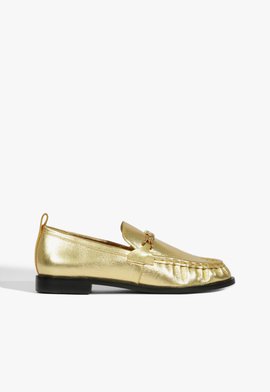 Mocassim Enfeite Metal Couro Dourado