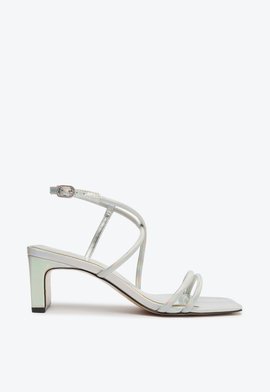 Sandália Salto Bloco Médio Aimee Holográfica Prata