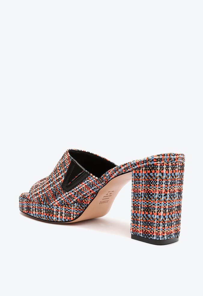 Sandália Mule Salto Bloco Médio Tecido Tweed Colorida Sandália Mule Salto Bloco Médio Tecido Tweed Colorida