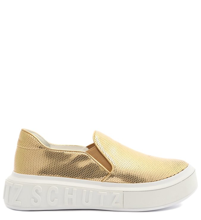 Tênis Slip On Couro Dourado