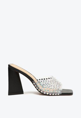 Sandália Mule Salto Bloco Lizah Crystal Preta