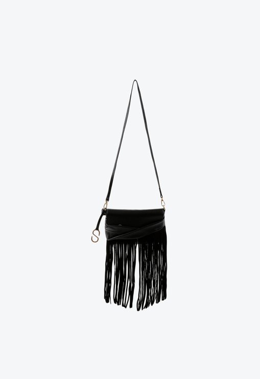 Bolsa Tiracolo Pouch Blossom Couro Franjas Preta