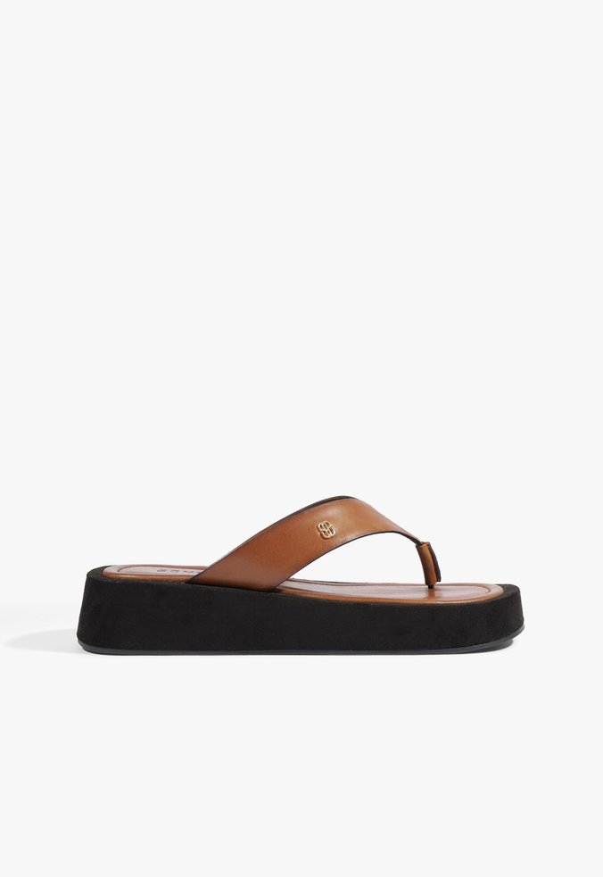 Sandália Rasteira Shop Flatform Couro Marrom