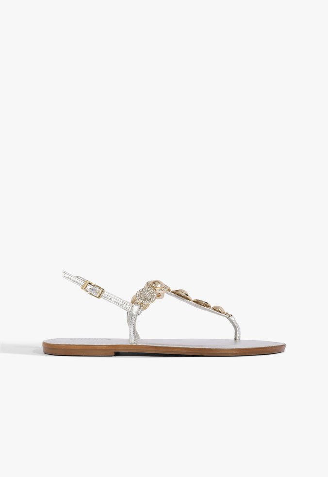 Sandália Rasteira Brilho Couro Prata