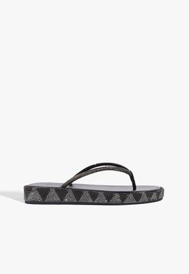 Sandália Flatform Preta Bico Redondo Tira V Pedraria Preta