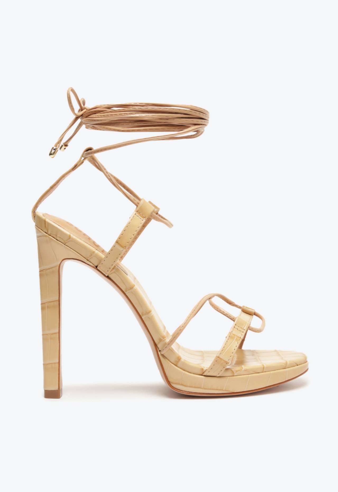 Sandália Amarração Salto Alto Croco Bege | Schutz
