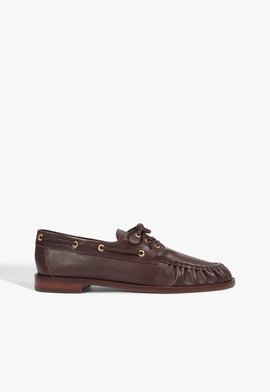 Mocassim Bico Redondo Laço Metais Couro Marrom Escuro