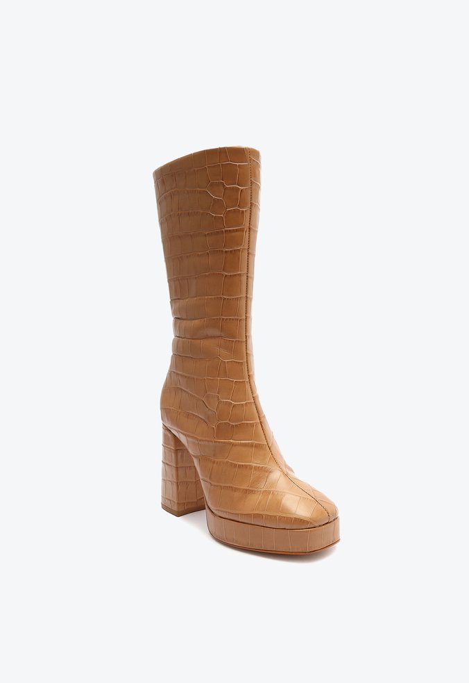 Bota Plataforma Raff Salto Bloco Couro Croco Bege Bota Plataforma Raff Salto Bloco Couro Croco Bege